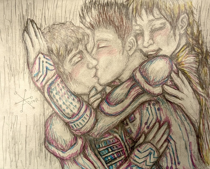 Colored pencil drawing of Tron pushing Ram against a wall to kiss him, while Yori rests her head against Tron's neck from behind.