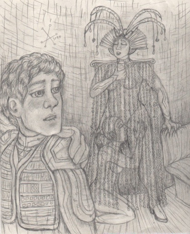 The scene of the bead-curtain program, drawn in pencil. The program in the bead-curtain outfit is leaning on a wall, drink in her right hand, left hand clutching the back of a nearby bench. Her lover, kneeling underneath the bead-curtain, is a feminine program in a simple bodysuit and skullcap, with her mouth on her mistress's upper thigh. Ram, in his usual suit, but with his helmet off and his curly hair showing, is in the foreground, looking back at this over his shoulder. He's blushing and biting his lip. A gloved hand on his shoulder suggests that Tron is guiding him through the club to their own table.